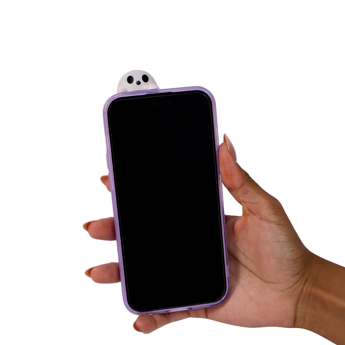 A hand holding a smartphone with a light purple protective case and a small white ghost-shaped accessory peeking out from the top, against a plain white background.