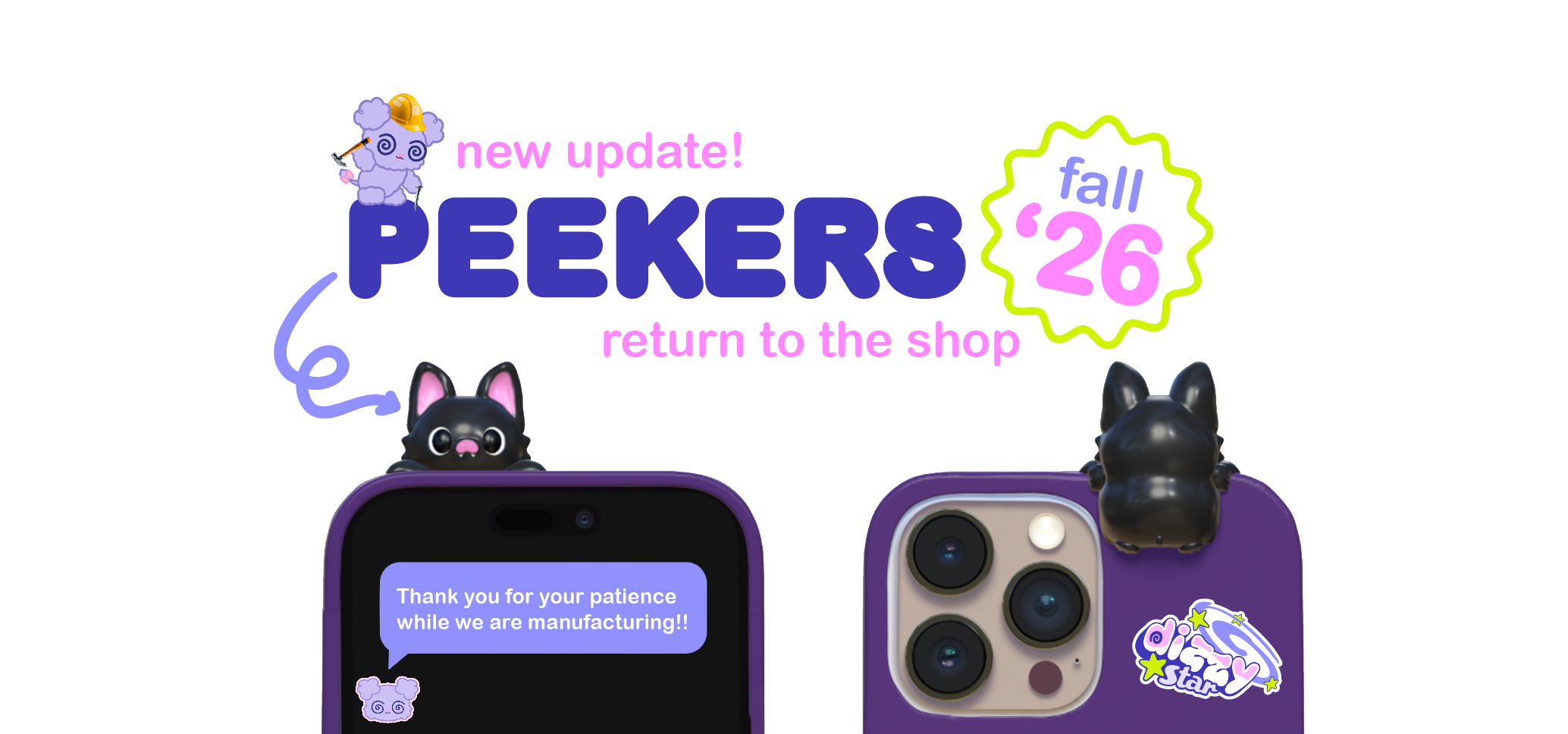 Promotional graphic for 'Peekers' phone cases with text about a new update and return to the shop.